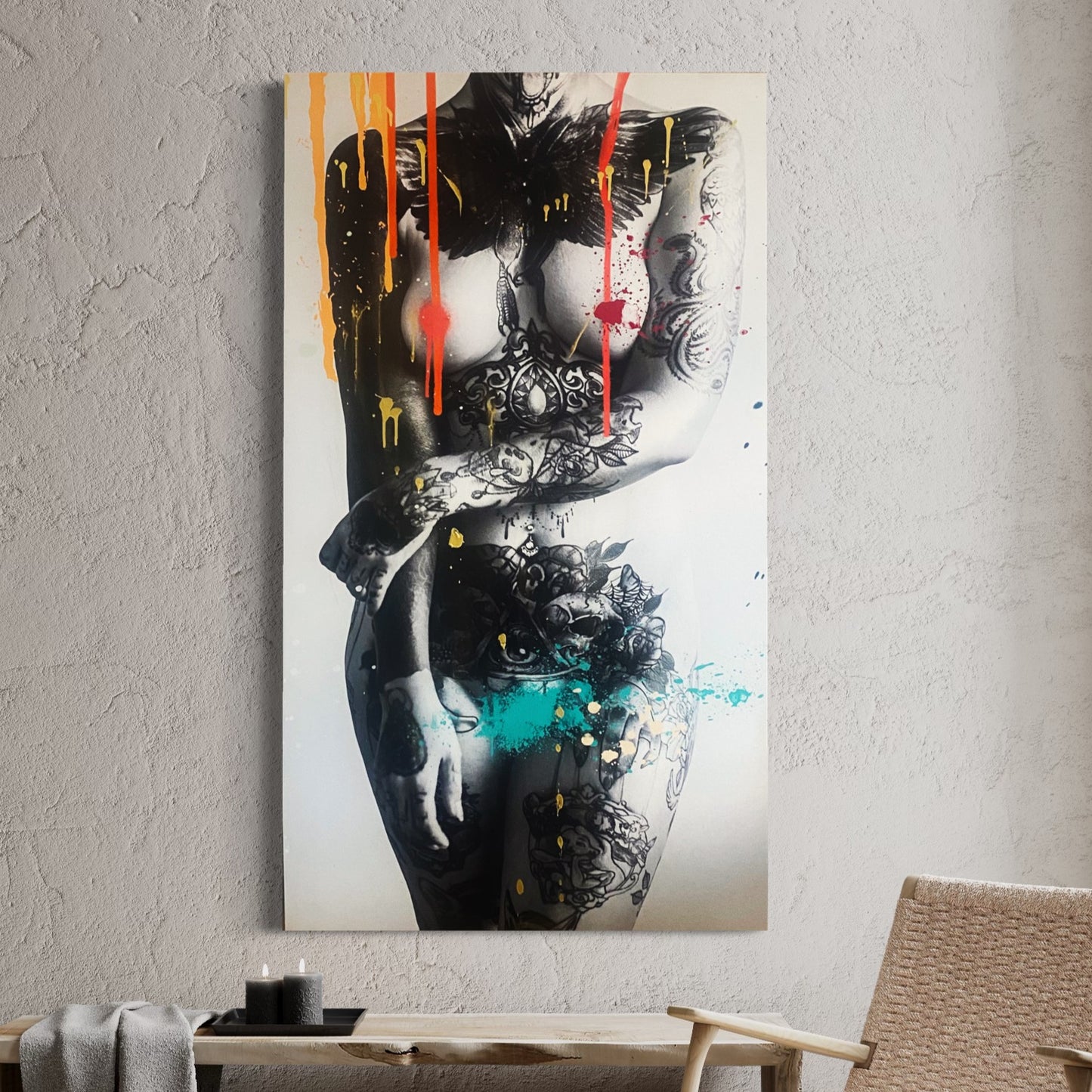 In this Exclusive Artwork you can experience the beauty of the tattooed body using multiple techniques. A beautiful combination of black and grey photographic art with colourful paint spray, drop and splatter. - EVERY BODY INHALES BEAUTY - BEDART
