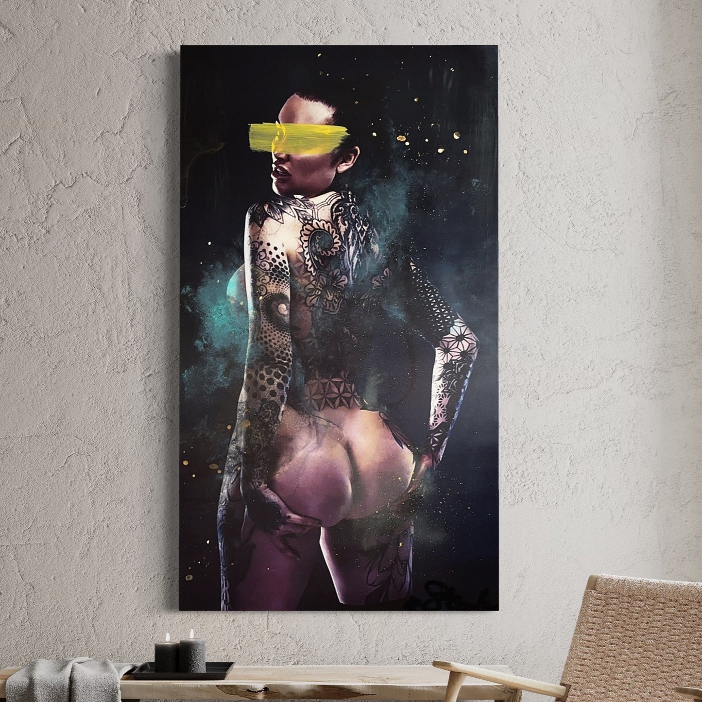 In this Exclusive Artwork you can experience the beauty of ROSANNA VOORWALD using multiple techniques. A beautiful combination of dark abstruse Photographic Art with colourful paint spray, drop and splatter. - EVERY BODY INHALES BEAUTY - BEDART