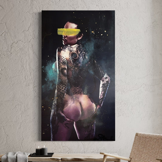 In this Exclusive Artwork you can experience the beauty of ROSANNA VOORWALD using multiple techniques. A beautiful combination of dark abstruse Photographic Art with colourful paint spray, drop and splatter.   - EVERY BODY INHALES BEAUTY - BEDART
